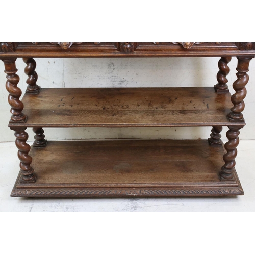 601 - Victorian Oak Three Two Tier Buffet, with two heavily carved drawers and barley twist supports, 115c... 