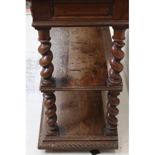 601 - Victorian Oak Three Two Tier Buffet, with two heavily carved drawers and barley twist supports, 115c... 