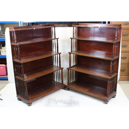 630 - Pair of 19th century Mahogany Waterfall Bookcases, each comprising five shelves with turned slender ... 