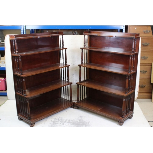 630 - Pair of 19th century Mahogany Waterfall Bookcases, each comprising five shelves with turned slender ... 