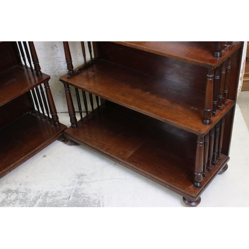 630 - Pair of 19th century Mahogany Waterfall Bookcases, each comprising five shelves with turned slender ... 