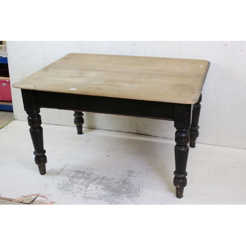 632 - Victorian Scrub Top Pine Kitchen Table with drawer to end, raised on turned legs, 122cm long x 92cm ... 