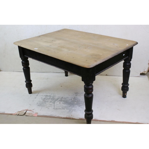 632 - Victorian Scrub Top Pine Kitchen Table with drawer to end, raised on turned legs, 122cm long x 92cm ... 