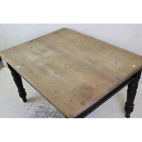 632 - Victorian Scrub Top Pine Kitchen Table with drawer to end, raised on turned legs, 122cm long x 92cm ... 