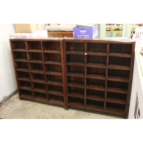 649 - Pair of Hardwood Bookcases, each comprising sixteen pigeon holes, 90cm wide x 111cm high x 19cm deep