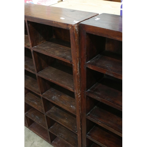 649 - Pair of Hardwood Bookcases, each comprising sixteen pigeon holes, 90cm wide x 111cm high x 19cm deep