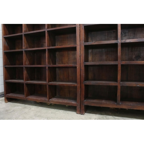 649 - Pair of Hardwood Bookcases, each comprising sixteen pigeon holes, 90cm wide x 111cm high x 19cm deep