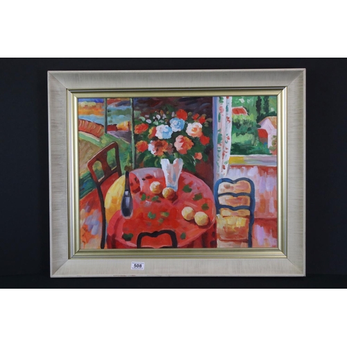 508 - Oil on canvas, a studio framed still life table setting with flowers and fruit in a summer house