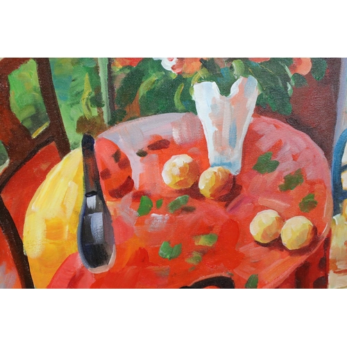 508 - Oil on canvas, a studio framed still life table setting with flowers and fruit in a summer house