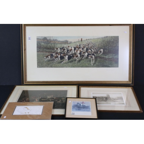 511 - Five pictures to include an early 20th century ' Hard on His Track ' fox hunt coloured engraving, ' ... 