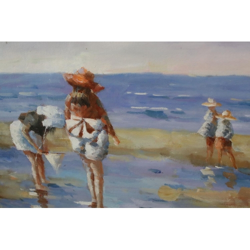 517 - Oil on canvas, Impressionist scene, girls netting tiddlers at the seaside