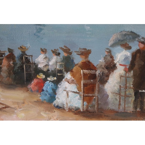 527 - Oil on canvas, a Victorian beach scene with figures viewing distant sailboats, gilt framed