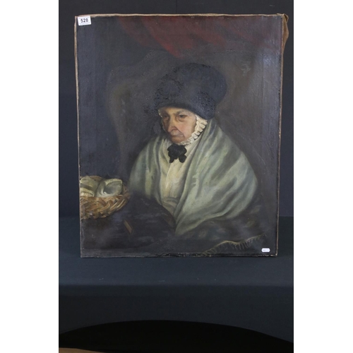 528 - 19th century Oil Painting Head and Shoulders Portrait of an Old Woman with a basket of shells and a ... 