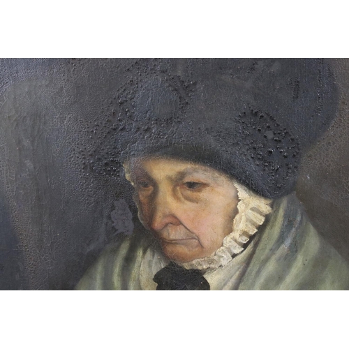 528 - 19th century Oil Painting Head and Shoulders Portrait of an Old Woman with a basket of shells and a ... 