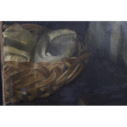 528 - 19th century Oil Painting Head and Shoulders Portrait of an Old Woman with a basket of shells and a ... 