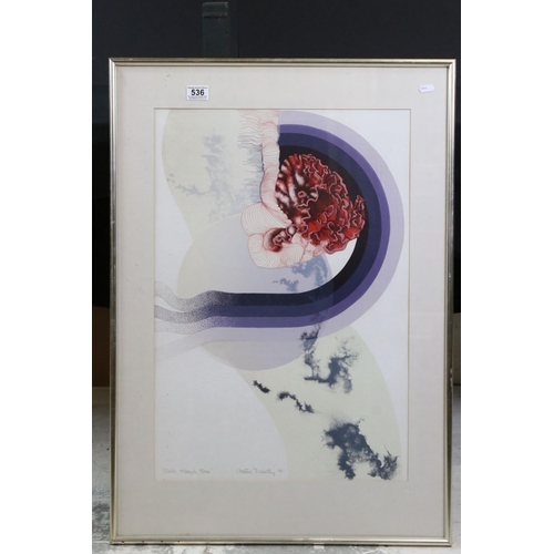 536 - A large framed and glazed print titled 'Clouds' by Christine Donnolly and dated 1971.