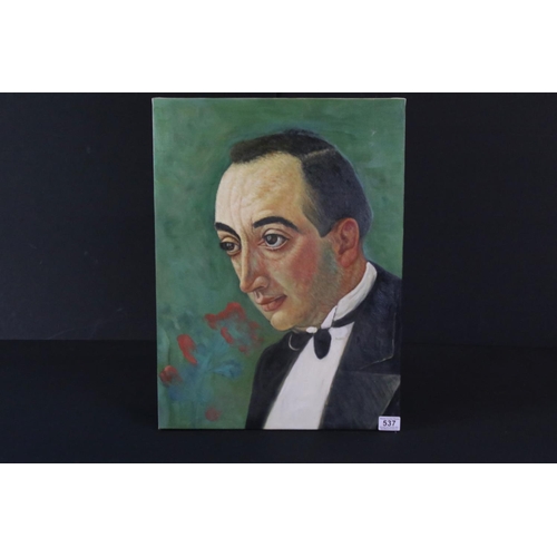 537 - Oil on canvas, a 20th century portrait of a well-dressed gentleman wearing a bow tie, on a green bac... 