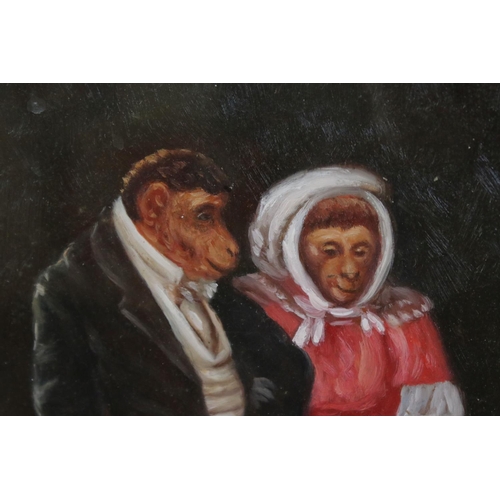 540 - Oil on board, an anthropomorphic portrait, monkeys in 19th century costume