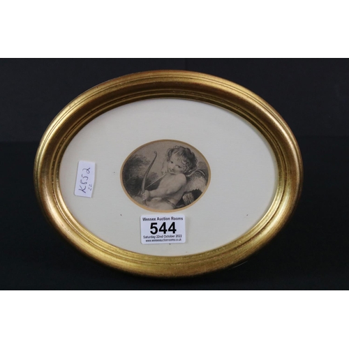 544 - After Bartolozzi, black and white engraving of a winged cherub, painting measures 7.5 x 6cm