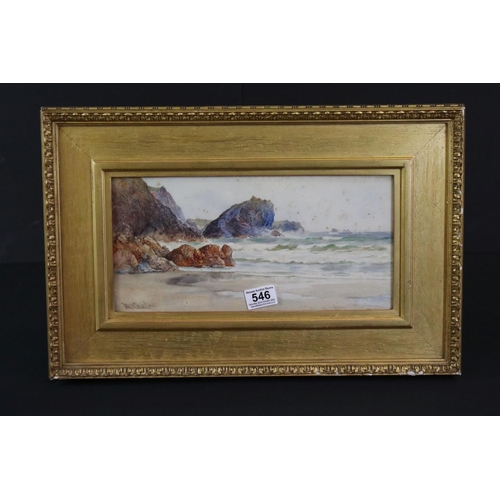 546 - 19th Century seascape watercolour of waves lapping against a craggy headland, signed (appears to rea... 