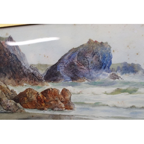 546 - 19th Century seascape watercolour of waves lapping against a craggy headland, signed (appears to rea... 