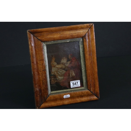 547 - Oil painting of a Cardinal and lady on a piano, 13cm x 18cm, framed and glazed