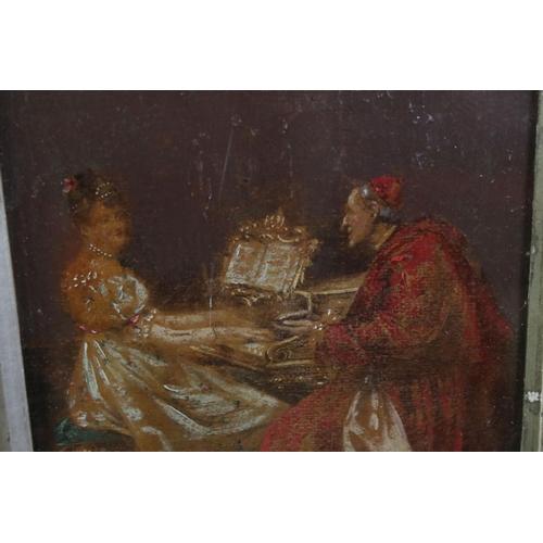 547 - Oil painting of a Cardinal and lady on a piano, 13cm x 18cm, framed and glazed