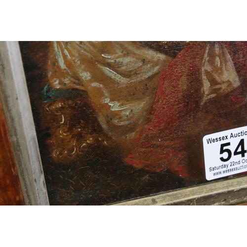 547 - Oil painting of a Cardinal and lady on a piano, 13cm x 18cm, framed and glazed