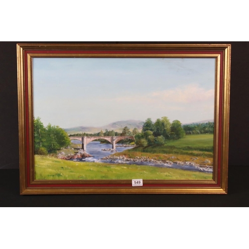 549 - Frances Tompson oil on board, a peaceful Scottish highland landscape, signed