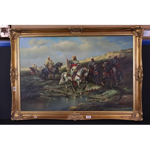 550 - Mark Morgan oil on board of an Arabian river crossing scene, signed to lower right, gilt framed, mea... 