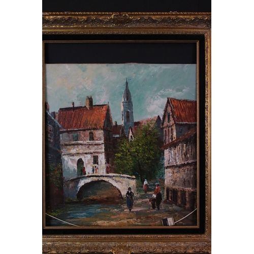 555 - Mary Botto (1913-2002) 20th century oil on canvas of a Dutch town scene, signed to lower left, gilt ... 