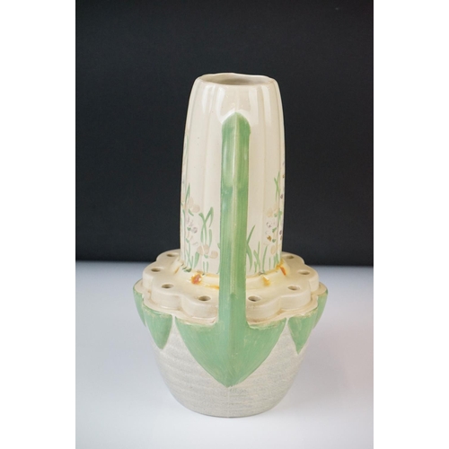 1 - Myott, Son & Co Art Deco 'Chimney' shaped vase, with a tiered geometric polychrome design on a black... 