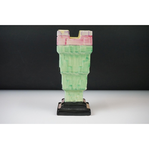 1 - Myott, Son & Co Art Deco 'Chimney' shaped vase, with a tiered geometric polychrome design on a black... 