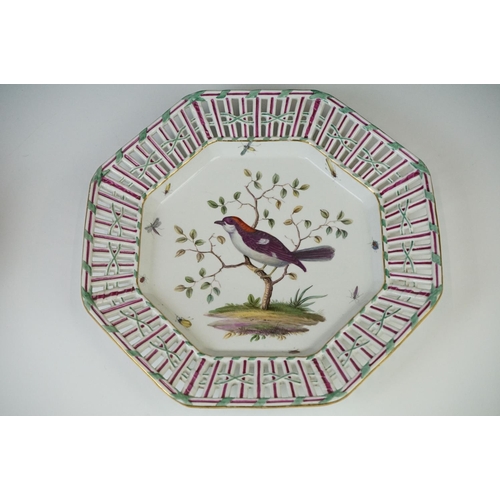 10 - 19th Century Meissen octagonal plate with pierced border and decorated with birds and insects, 27cm ... 