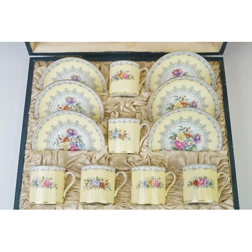 19 - Shelley Boxed Yellow ' Crochet' pattern coffee set, to include six coffee cans and saucers, with flo... 