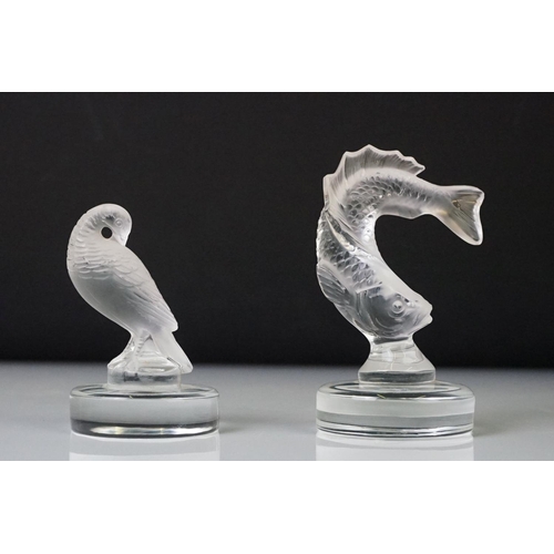 21 - Lalique France - Boxed Set of six birds and fish glass menu holders, circa 1950s, to include a koi c... 