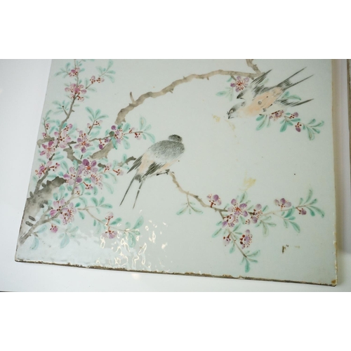 24 - Pair of Chinese hand painted plaques depicting birds amongst cherry blossom, and a fisherman amongst... 