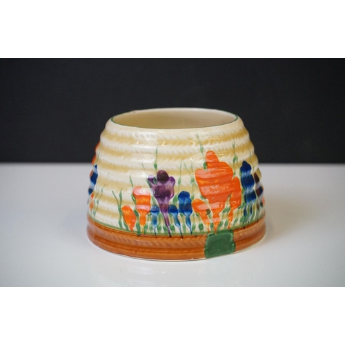 31 - Clarice Cliff - Bizarre range ' Crocus ' pattern sugar bowl and ribbed honey jar (lacking cover), an... 