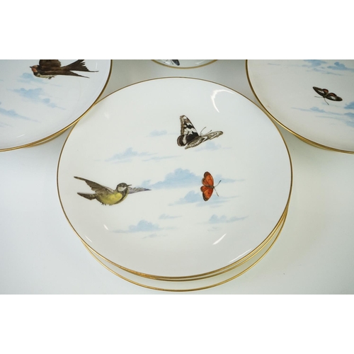 32 - Mintons porcelain bird & butterfly transfer decorated dessert set to include three tazzas and seven ... 