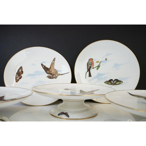 32 - Mintons porcelain bird & butterfly transfer decorated dessert set to include three tazzas and seven ... 