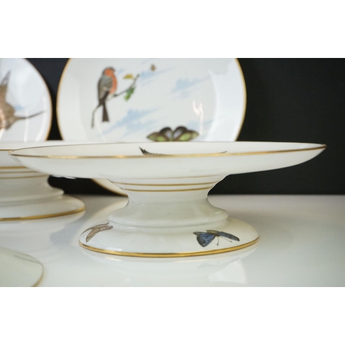 32 - Mintons porcelain bird & butterfly transfer decorated dessert set to include three tazzas and seven ... 