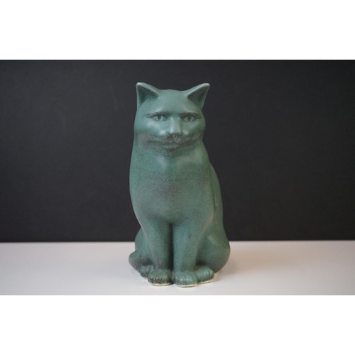 44 - Three Moorside Design mottled turquoise ceramic models of seated cats, with original paper labels, t... 