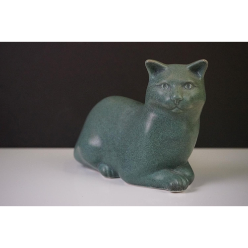 44 - Three Moorside Design mottled turquoise ceramic models of seated cats, with original paper labels, t... 