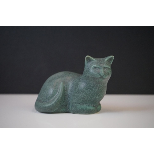 44 - Three Moorside Design mottled turquoise ceramic models of seated cats, with original paper labels, t... 