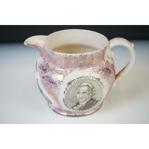 45 - American George Washington ceramic pink lustre jug, in the Sunderland Manner, with transfer printed ... 