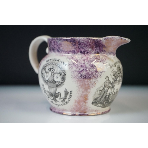 45 - American George Washington ceramic pink lustre jug, in the Sunderland Manner, with transfer printed ... 