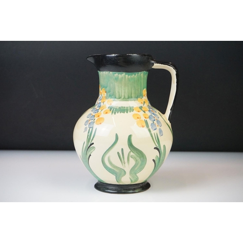 5 - Five Myott, Son & Co hand painted Art Deco jugs, decorated with floral, foliate and geometric design... 