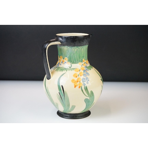 5 - Five Myott, Son & Co hand painted Art Deco jugs, decorated with floral, foliate and geometric design... 