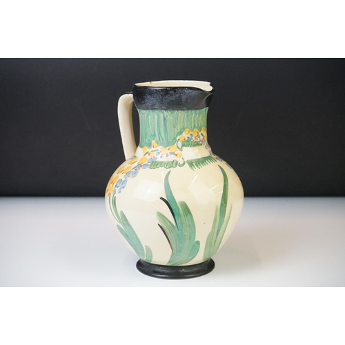 5 - Five Myott, Son & Co hand painted Art Deco jugs, decorated with floral, foliate and geometric design... 