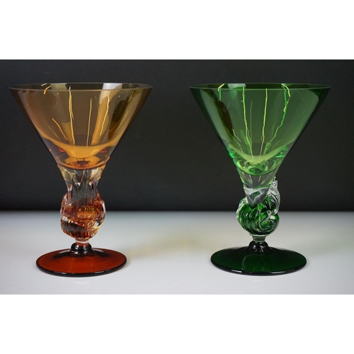 58 - Set of six coloured glass Margarita cocktail glasses with stems modelled as shells, approx 16cm high